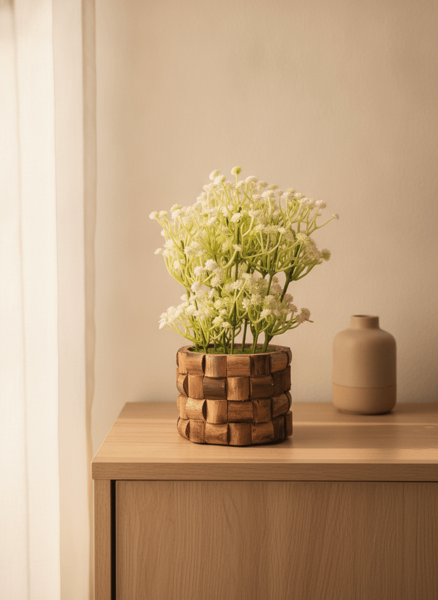 Faux Gypsophila in Artisan Woven Wood Planter