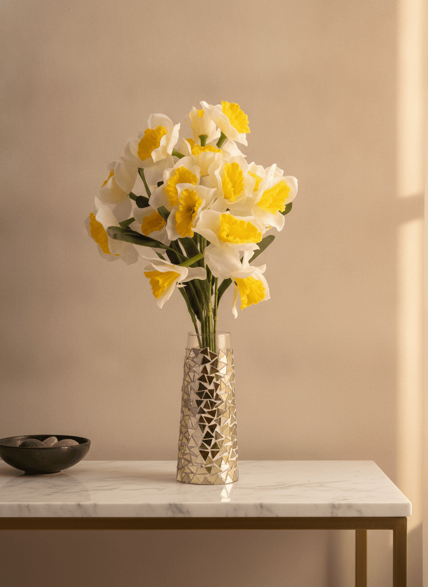 Mirrored Mosaic Vase with Daffodil Bouquet