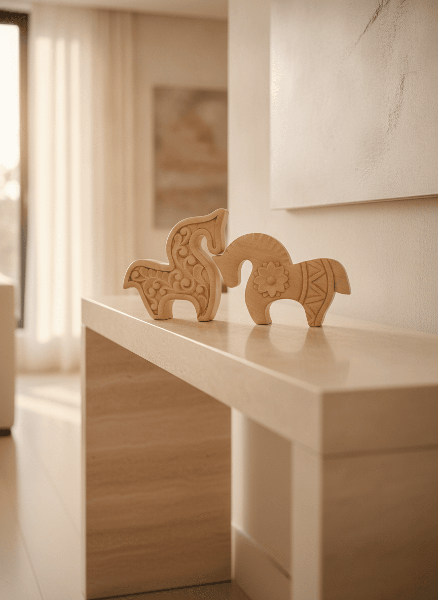 Pale Beechwood Carved Horse Figurines (Set of 2)