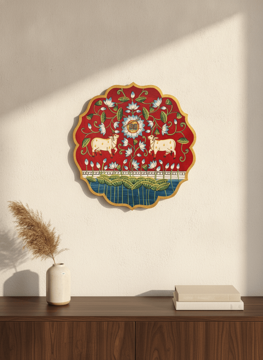 Pichwai Sacred Cow & Lotus Wall Art Panel