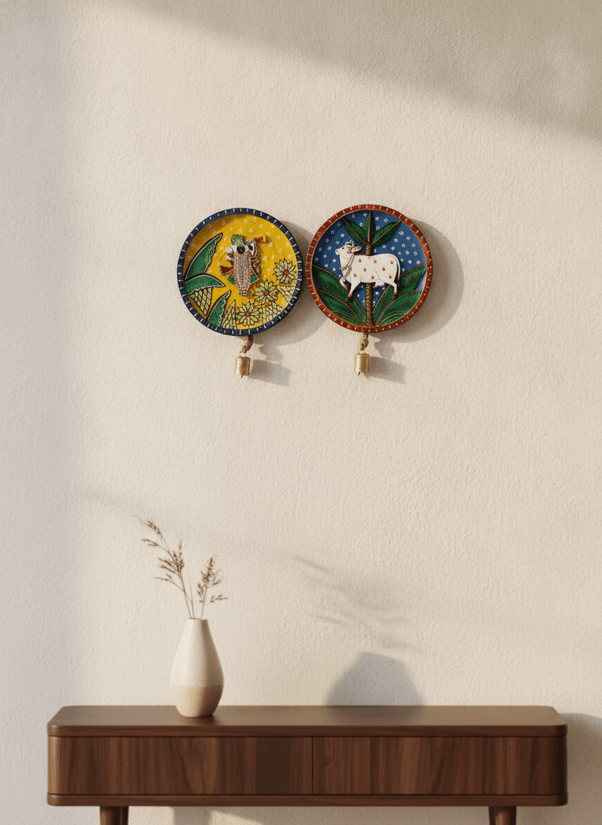 Divine Narratives Hand-Painted Wall Discs with Bells (Set of 2)